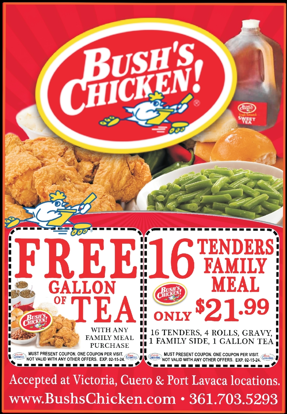 Enjoy a FREE Gallon of Tea with purchase or the 16 Tenders Family Meal
