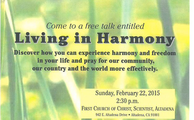 “Living in Harmony” at Christian Science Church Feb. 22 | Altadena Point