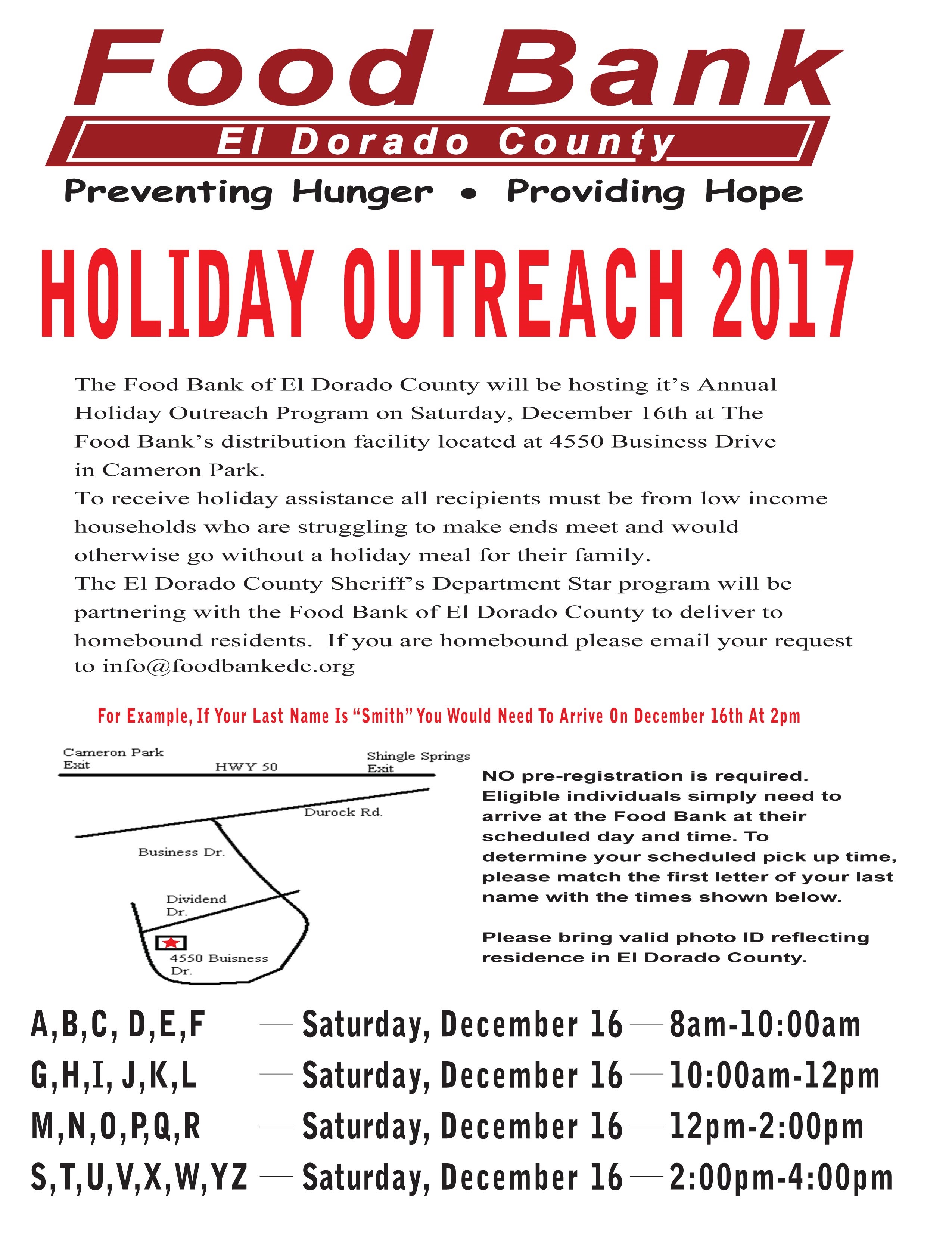 Food Bank of El Dorado County’s Annual Holiday Outreach – December 16